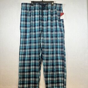 IZOD Mens Plaid Pajama Pants Drawstring Elastic Waist Buttn Fly Pockets-Turq-XXL